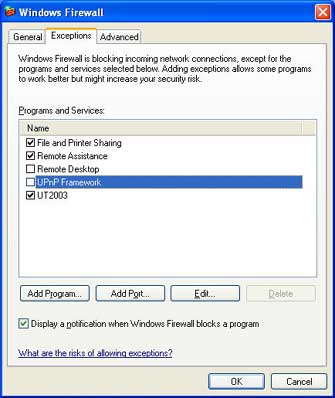 The Exceptions tab in the Windows Firewall dialog box